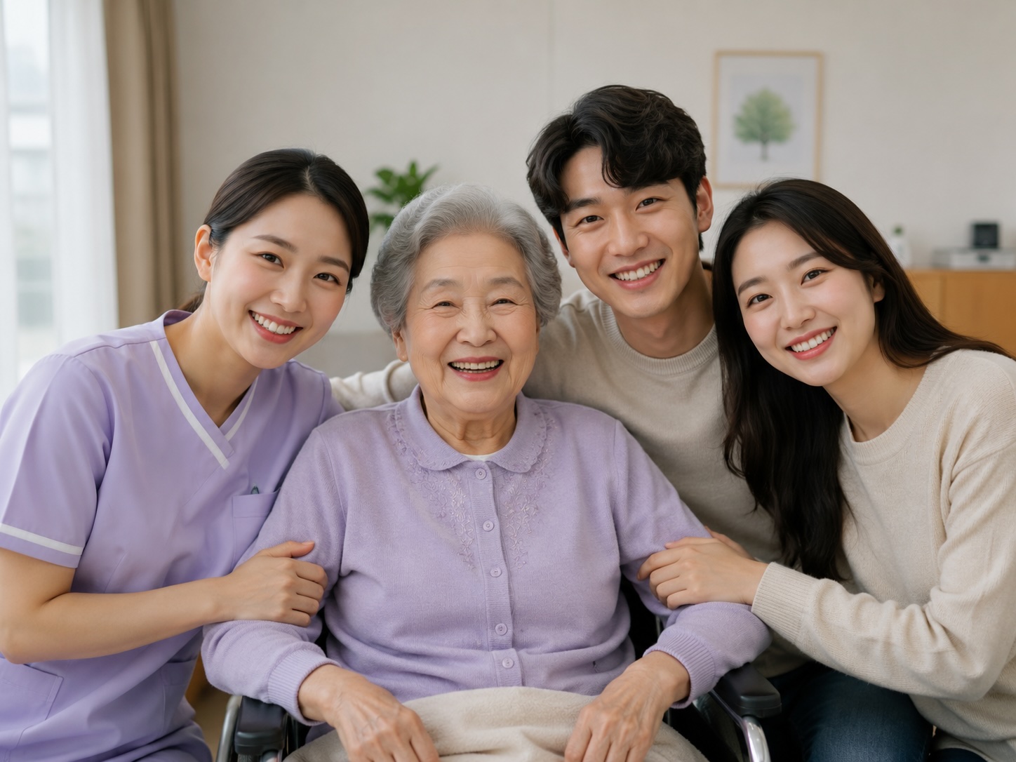 요양보호사와 가족이 어르신을 따뜻하게 돌보는 모습